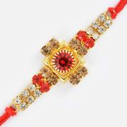 Central Red Diamond and Golden Square Shape Base Jewel Rakhi