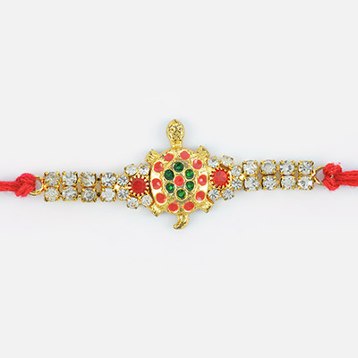 Colorful Spots Base Golden Tortoise Rakhi with Red and White Diamonds