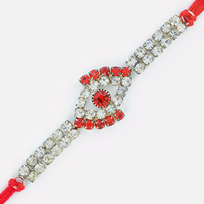 Beautiful Red and white Diamond Base Double String Jewel Rakhi