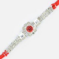 White Diamond Base Central Red Diamond Studded Linear Rakhi