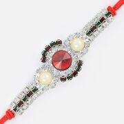 Beautiful White Jewel Red Rubi Silver Touch Rakhi