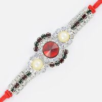 Beautiful White Jewel Red Rubi Silver Touch Rakhi
