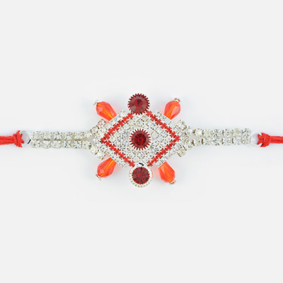 Awesome White and Red Jewel and Beads Silver Rakhi