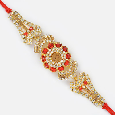 Floral Shape with Red and Golden DIamonds Base Rakhi for Brother
