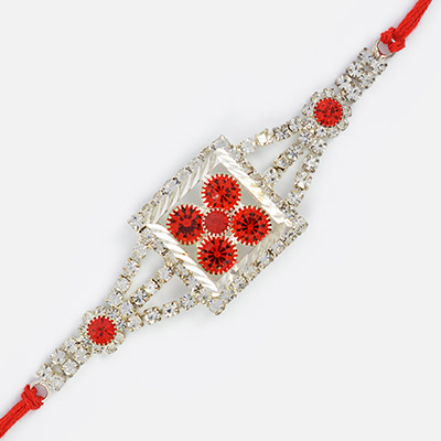 Silver Squre Shape with Red DIamonds Rakhi for Brother
