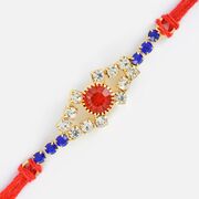 Silver Designer Fancy Rakhi in Red and Blue Jewels