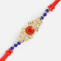 Silver Designer Fancy Rakhi in Red and Blue Jewels