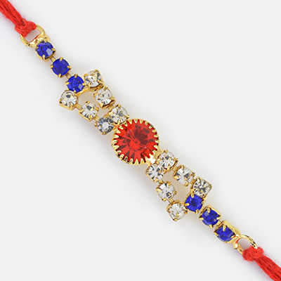 Silver Designer Fancy Rakhi with Red and Blue Jewels