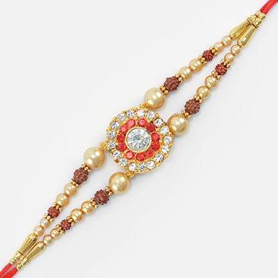 Jewel Studded Round Shape Flower Design Rudraksha and Beads Jewel Rakhi for Brother
