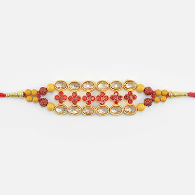 Multi Threaded Design Rudraksha and Beads in Mauli Amazing Looking Jewel Rakhi