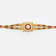 Modern Design Rich Looking Golden Base Jewel Studded Rakhi for Brother