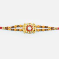 Modern Design Rich Looking Golden Base Jewel Studded Rakhi for Brother