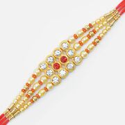 Multi Threaded Design Pearl and Beads in Mauli Small Jewel Studded Golden Rakhi