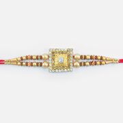 Square Shape Design Golden Color Design Jewel Studded Beaded Rakhi 