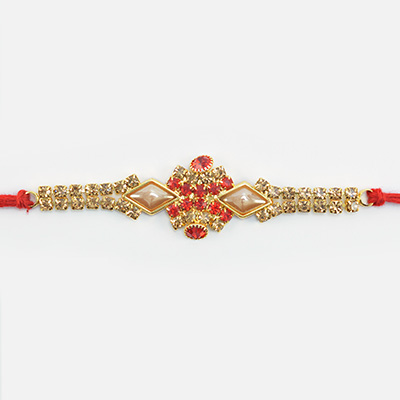 Simple Gold Color Red and Black Color Jewel Studded Bhai Rakhi