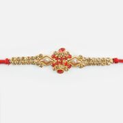 Simple Gold Color Red and Black Color Jewel Studded Bhai Rakhi