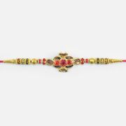 Colorful Jewel Studded Golden Color Flower in Mid Unique Shape Rakhi for Brother