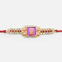 Divine Ganesha Photo In Mid of Golden Base Attractive Looking Stunning Jewel Rakhi