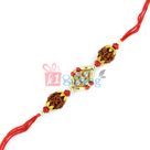 Rich Look Penta Diamond Swastik Rakhi with Rudrakh and Golden Beads