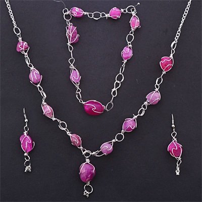 Silver Fashion Jewelry Set with Pink Stones