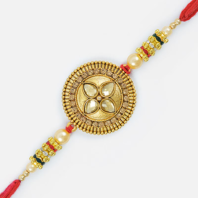 Special Kundan Meena Diamond and Golden Beads Rakhi