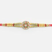 Meena Work Jewel Studded Flower Shape Golden Rakhi