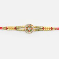 Meena Work Jewel Studded Flower Shape Golden Rakhi