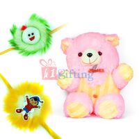 Pinky Liner Dressed Teddy Bear Stuffed Toy n 2 Rakhis for Kids