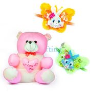 Big Heart Pinky Teddy Bear with 2 Kids Rakhi