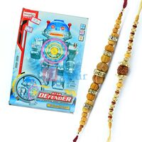 Star Defender-Fighting Robot with 2 Sandalwood n Thread Rakhis