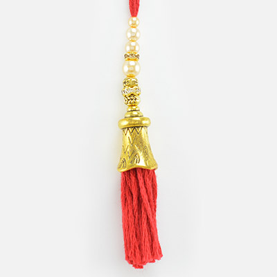 Golden Bell Pattern Beads Lumba Rakhi for Bhabhi in Red Thread