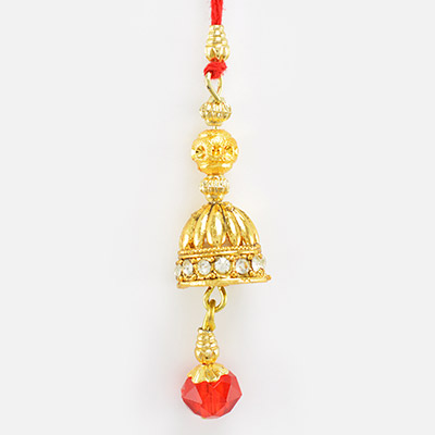 Golden Designer Diamond Lumba Rakhi with Red Crystal Glass
