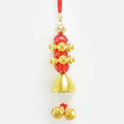 Golden Design Rakhi with White Pearl and Red Beads 