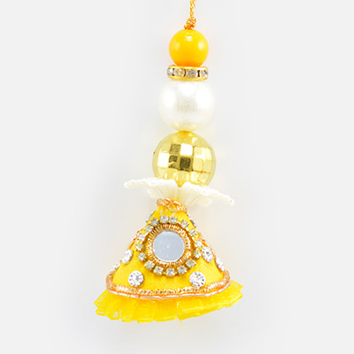 Colorful Big Beads Design ed Yellow Color Mirror Lumba Rakhi