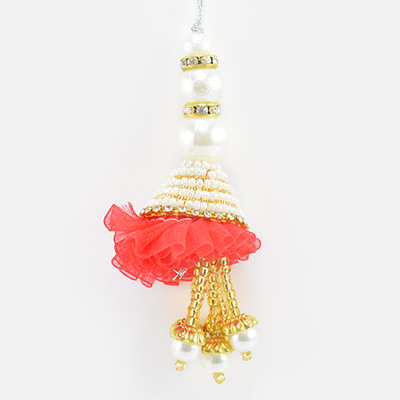 White Beads on Top and End Fine Work of Small Beads Red Color Lumba Rakhi