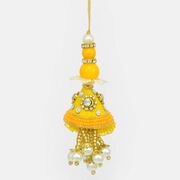 Yellow Color Jewel Studded Lumba Rakhi with Hangine Beads