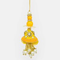 Yellow Color Jewel Studded Lumba Rakhi with Hangine Beads