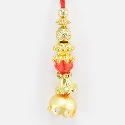 Amazing Craft of Golden Color Metallic Lumba Rakhi with Red and Golden Beads
