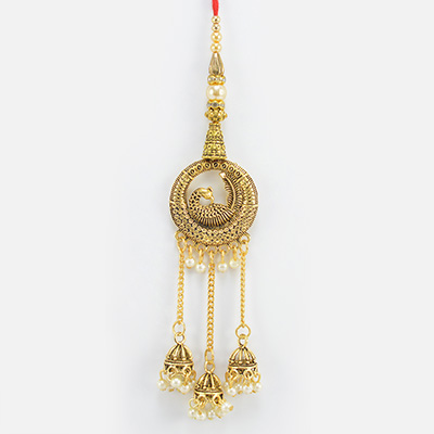Mayur in a Golden Ring Shape Beaded Hanging Lumba Rakhi 