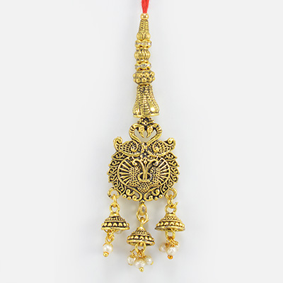Nice Looking Two Mayur On Top of Golden Metallic Lumba Elegant Rakhi