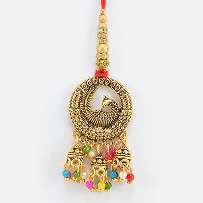 Unique Design on Golden Color Metal New Design Peacock Lumba Beautiful Rakhi