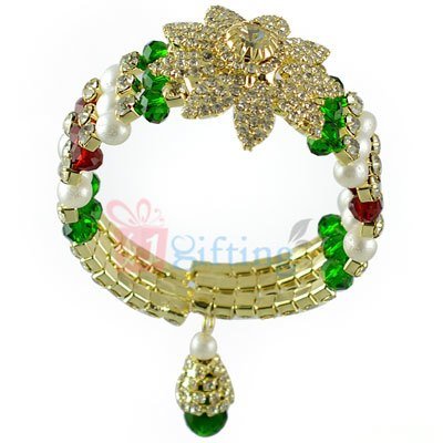 Beautiful Diamond Flower Pearl Beads Lumba Rakhi for Bhabhi