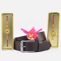 Gorgeous Bhaiya Bhabhi and Angry Bird Kids Rakhi with Casual Leather Belt