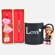 Gorgeous Bhaiya Bhabhi Rakhi with Doll Keychain along with Love Printed Ceramic Coffee Mug