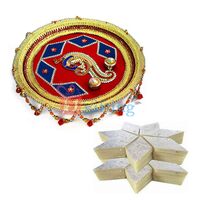 Designer Peacock Rakhi Thali with Kaju Katli