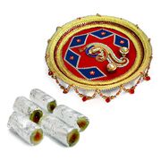 Peacock Kundan Rakhi Pooja Thali with Kaju Roll