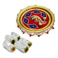 Peacock Kundan Rakhi Pooja Thali with Kaju Roll