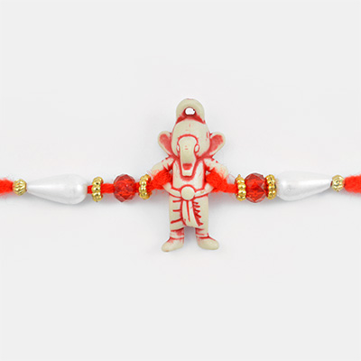 Lord Ganesha Mauli Rakhi with White Pearl and Red Beads