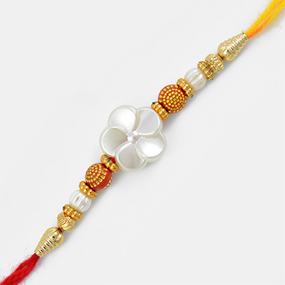 White Central Floral Mauli Rakhi with Pearl and Beads 