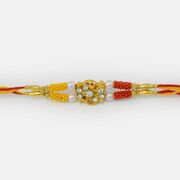 Awesome Golden Designed Diamond Mauli Rakhi with Pearl and Beads